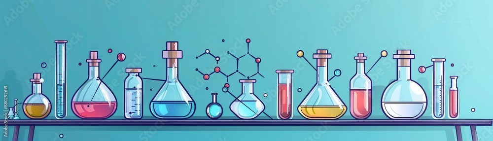 molecules structure in laboratory flat design top view chemistry research theme cartoon drawing vivid molecules structure in laboratory flat design top view chemistry research theme cartoon drawing vivid
