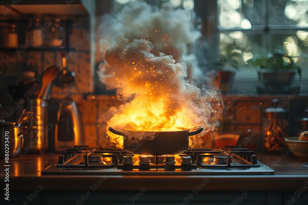 Intense Kitchen Stove Fire with Flames and Smoke Billowing from Pot in Modern Home Kitchen at Sunset with Warm Light ReflectionsStove fire Intense Kitchen Stove Fire with Flames and Smoke Billowing from Pot in Modern Home Kitchen at Sunset with Warm Light ReflectionsStove fire