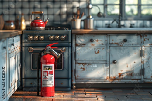 Rustic vintage kitchen setting with old wooden cabinets and fire extinguisher near stove, kettle on stovetop, morning sunlight through window in cozy homeFire extinguisher photo