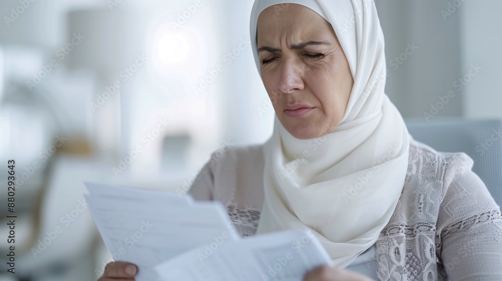 Close-up of a middle-aged Muslim woman in hijab, grimacing with pain in her wrist from repetitive paperwork tasks. Close-up of a middle-aged Muslim woman in hijab, grimacing with pain in her wrist from repetitive paperwork tasks.
