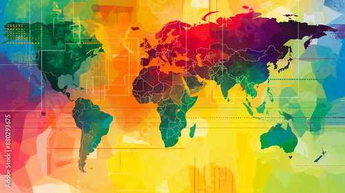 A vibrant world map bursts with rainbow hues, blending geography with artistry. © Ritthichai