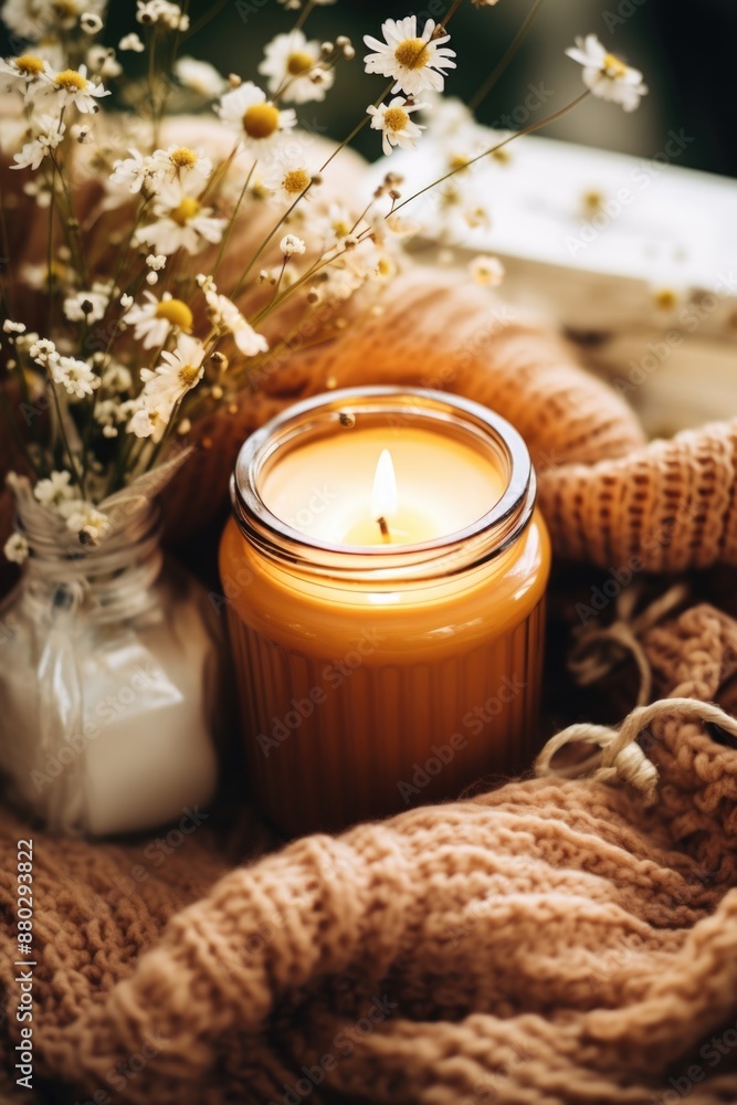 A candle sits next to a vase of flowers on a table A candle sits next to a vase of flowers on a table