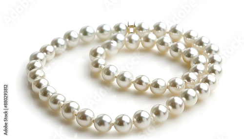 Elegant pearl necklace isolated on white, top view