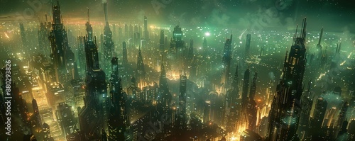 A panoramic view of an alien city nestled amidst towering skyscrapers, its neon lights illuminating the night sky.