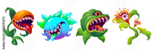 Scary monster plants with fantasy flower head with eyes, mouth and teeth. Creepy alien carnivorous dangerous creatures with trap. Cartoon vector illustration set of horrible predatory characters.