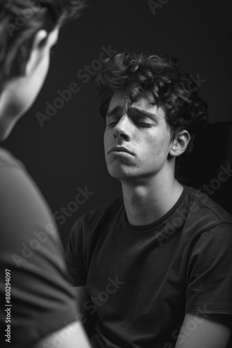 A person sits in a chair, in a neutral setting