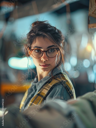 A woman wears a plaid shirt and glasses, everyday casual look