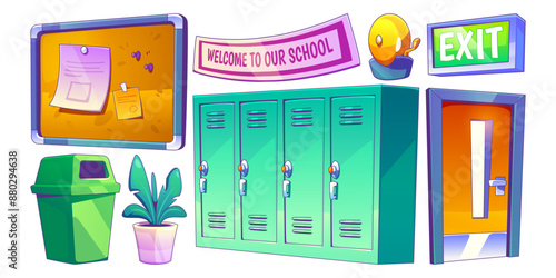 School corridor elements in cartoon style. Vector set of college hallway entrance door and exit sign, welcome banner and lockers, wall board with bulletin notes and bell, trash bin and plant in pot.