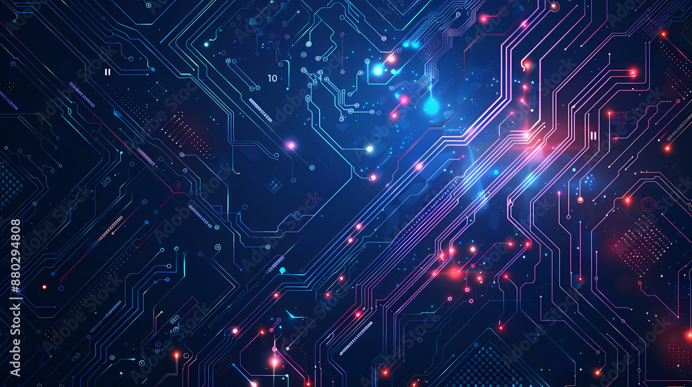 Abstract glowing circuit board with vibrant blue and pink lights, representing advanced technology and data flow. Abstract glowing circuit board with vibrant blue and pink lights, representing advanced technology and data flow.