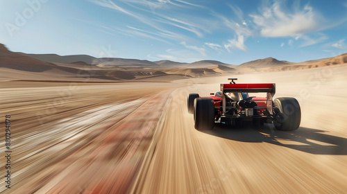 A racing car driving in the desert at high speed