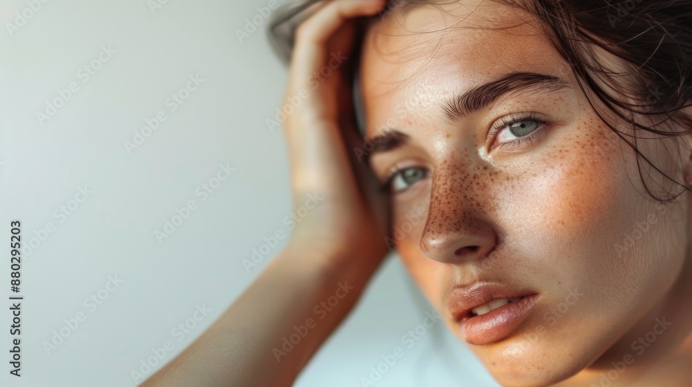 Naklejka premium Close-up shot of a woman's face with distinctive freckles, ideal for use in beauty and lifestyle contexts