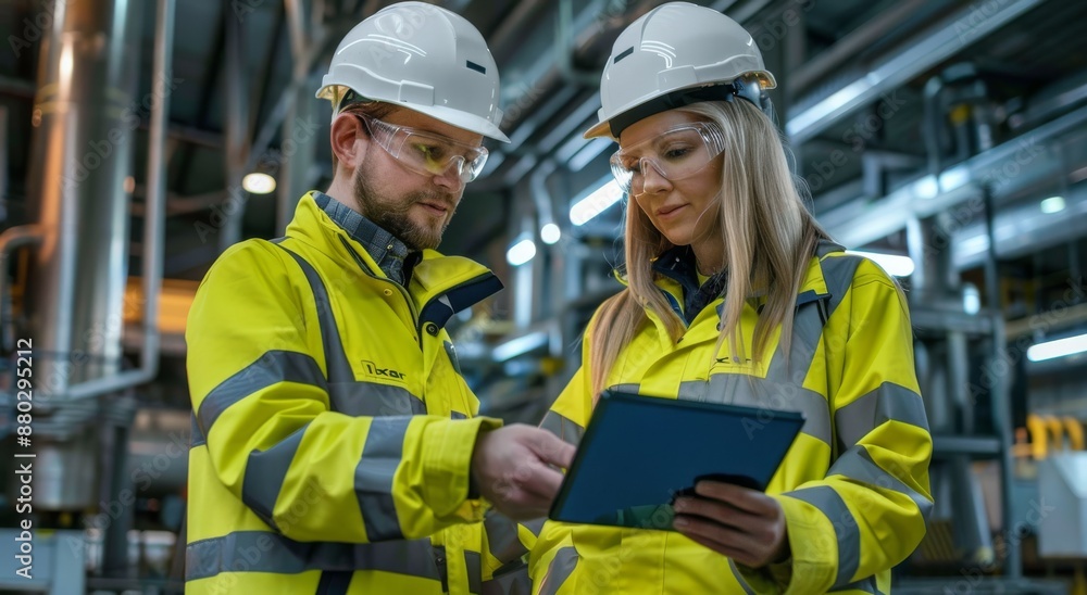 Two engineers in high visibility jackets and helmets discussing work on a tablet in an industrial setting Two engineers in high visibility jackets and helmets discussing work on a tablet in an industrial setting