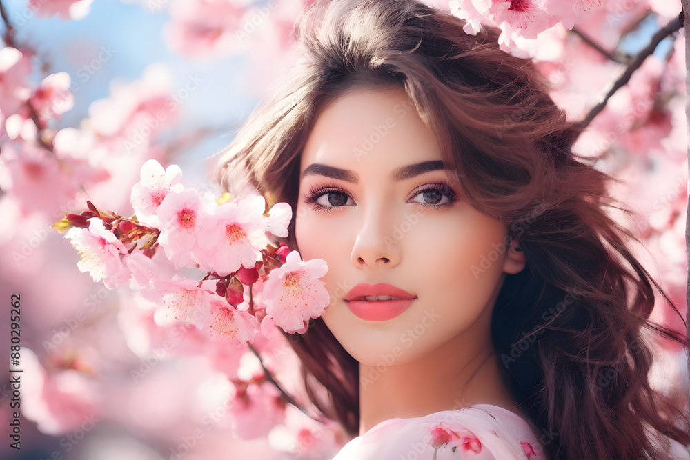 Fototapeta premium A woman is standing in front of a tree with pink flowers