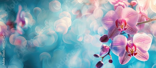 Banner with copy space image featuring pink orchid branches set against a blue bokeh background.