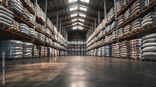 Wallpaper Mural A large industrial warehouse with rows of bags stacked showcases a meticulously organized storage facility. Torontodigital.ca