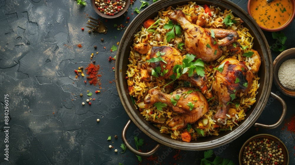 Pan filled with chicken and rice on a table Pan filled with chicken and rice on a table