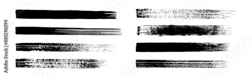 Straight line vector brush strokes. Black hand drawn stripes, smears. Chinese or Japanese calligraphy brushstrokes set. Rough grunge thick paint line texture. Vector sketch rectangle text boxes