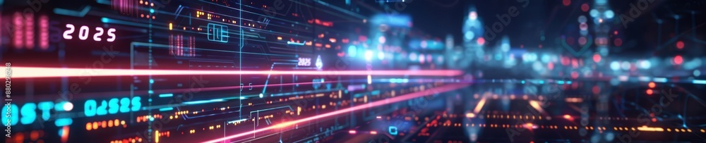 Futuristic digital concept depicting the year 2025 with neon colors and dynamic data streams.