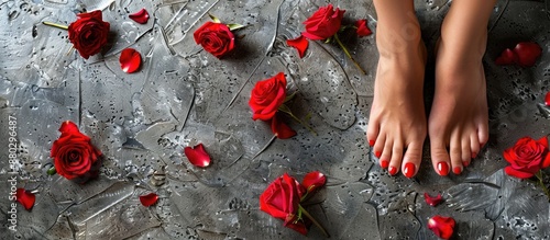 Close-up of a woman's stylish red toenails following a pedicure, surrounded by rose flowers on a grey textured floor, with room for text in the image. photo