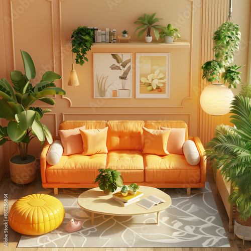 Modern living room in yellow tone with green environment decoration. 3D illustration