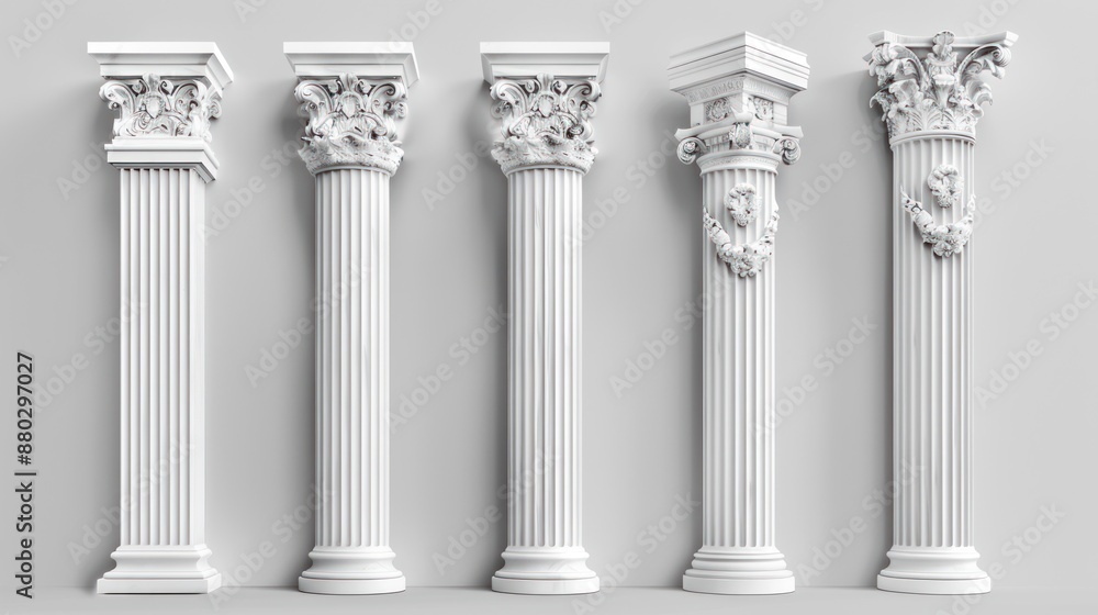Five White Marble Columns with Ornate Capitals Five White Marble Columns with Ornate Capitals
