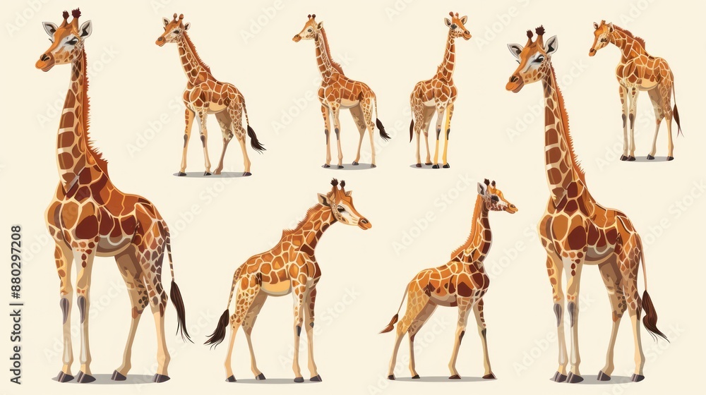 Naklejka premium Giraffes in Various Poses: An Illustrated Collection