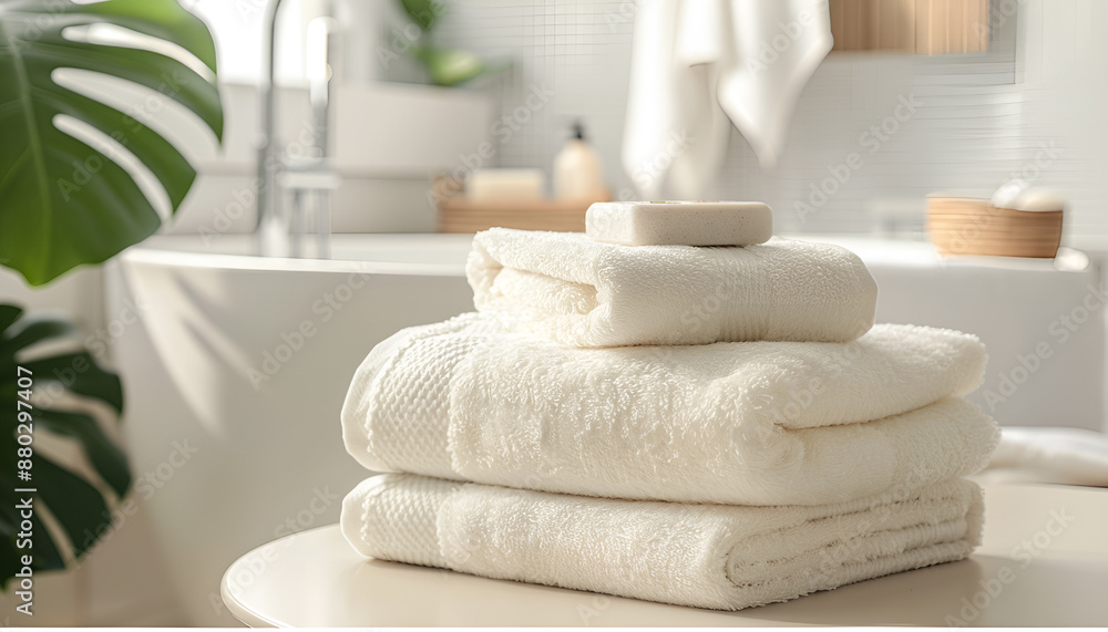 Folded fresh towels on table in bathroom. Space for text Folded fresh towels on table in bathroom. Space for text