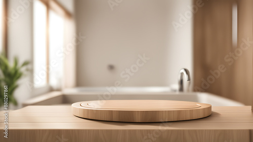 A wooden cutting board sits on a countertop in a kitchen