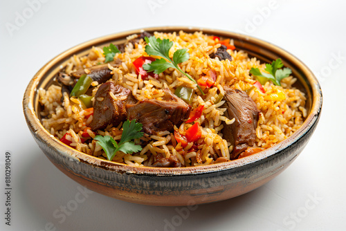 a bowl of rice with meat and vegetables