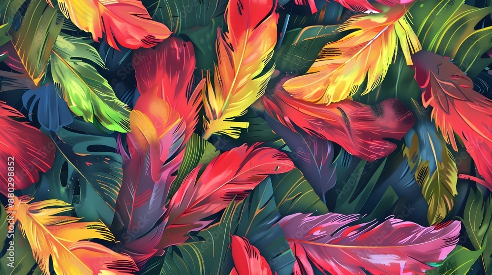 Vibrant Pattern of Tropical Parrot Feathers and Jungle Animals in Lush Landscape Vibrant Pattern of Tropical Parrot Feathers and Jungle Animals in Lush Landscape