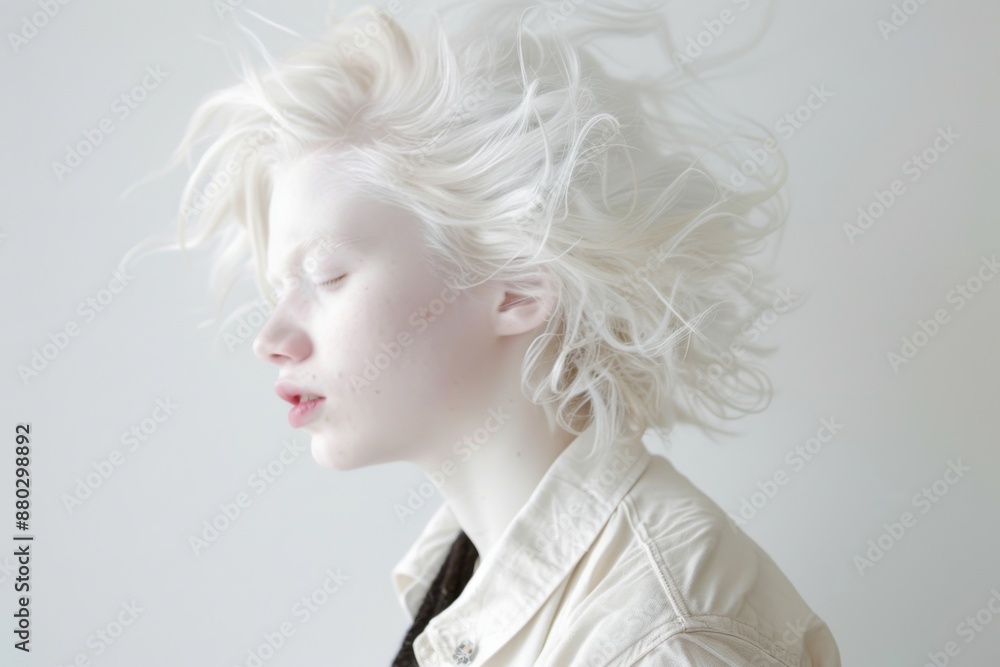 Albino person with white hair in motion wearing light jacket close-up Albino person with white hair in motion wearing light jacket close-up