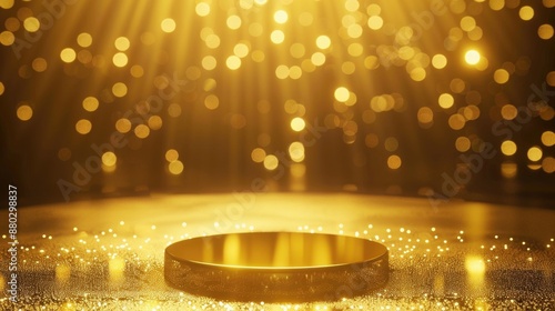 A gold plate on a shiny surface with lights in the background, great for showcasing luxury and sophistication
