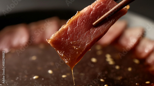 A piece of meat is being dipped into a sauce