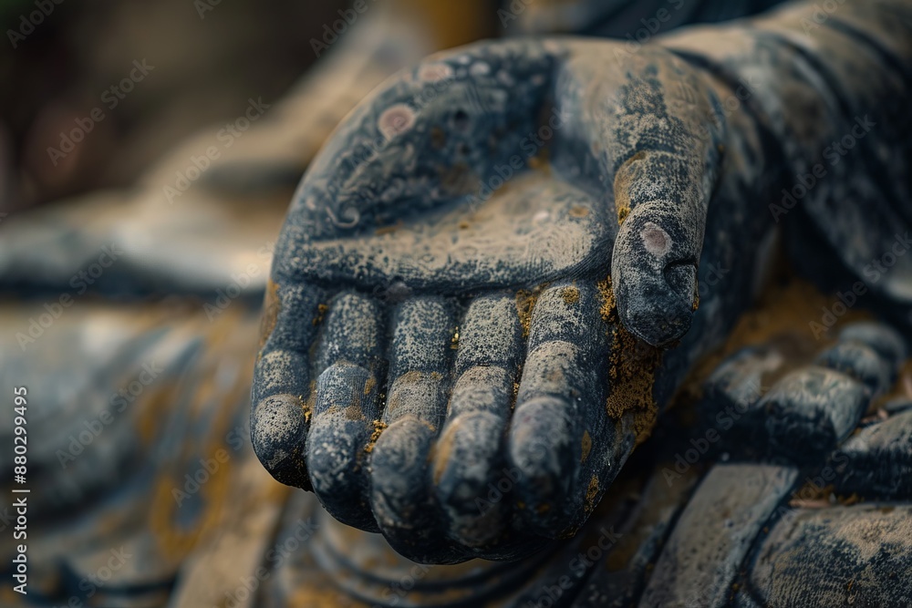 A detailed shot of a Buddha statue's hand in a mudra position A detailed shot of a Buddha statue's hand in a mudra position