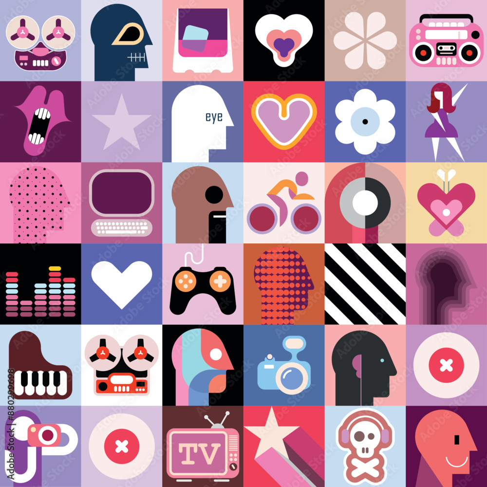 Artistic collage of many different avatars, objects and abstract shapes, set of vector design elements. Each one of the design element created on a separate layer and can be used as a standalone image Artistic collage of many different avatars, objects and abstract shapes, set of vector design elements. Each one of the design element created on a separate layer and can be used as a standalone image