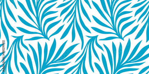Seamless groovy leaf pattern. Cute palm leaves on white blue background. Summer abstract floral textile vintage print. Trendy garden ornaments are perfect for summer fabric patterns.