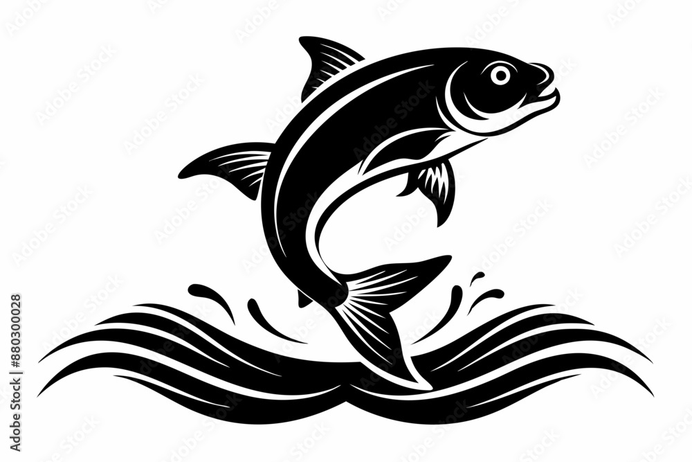 Fototapeta premium Black silhouette A fish jumping out of the water ripple vector art illustration with splash white background