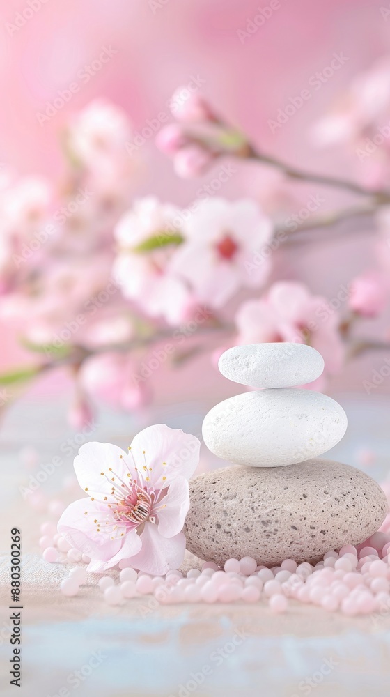 A pair of balanced stones with cherry blossoms in the background A pair of balanced stones with cherry blossoms in the background