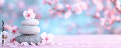 A pair of balanced stones with cherry blossoms in the background