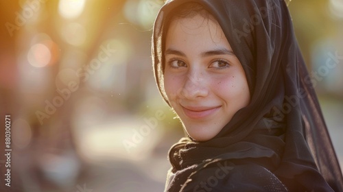 A woman wears a black headscarf and matching scarf, suitable for casual or cultural settings photo
