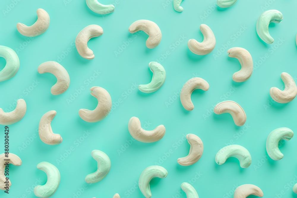 3d rendering of teal cashew nuts scattered on pastel green background with copy space. Minimal concept, flat lay view from above 3d rendering of teal cashew nuts scattered on pastel green background with copy space. Minimal concept, flat lay view from above