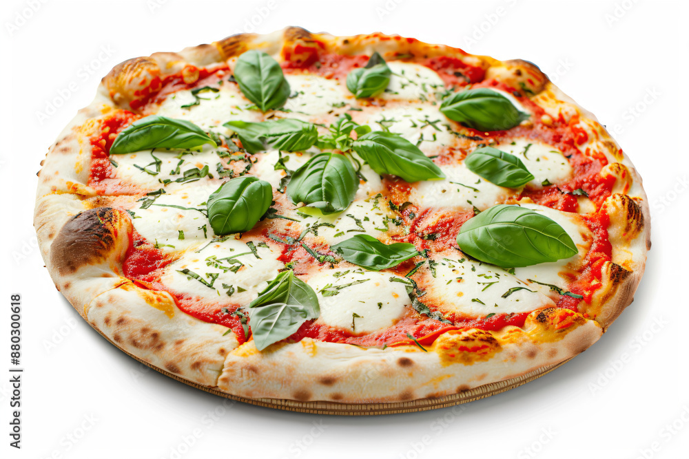 a pizza with cheese and basil leaves on it