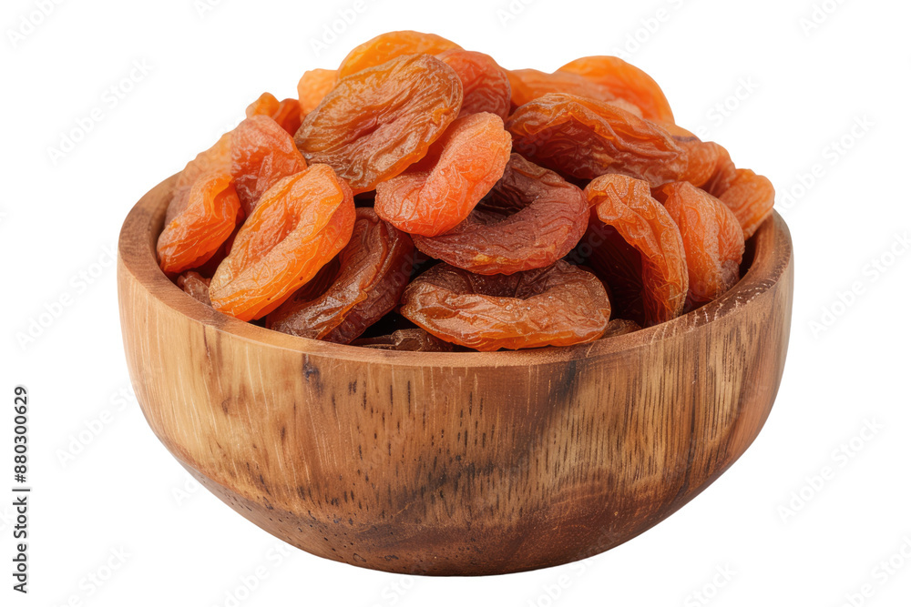 Dried apricots in wooden bowl isolated on transparent background Dried apricots in wooden bowl isolated on transparent background