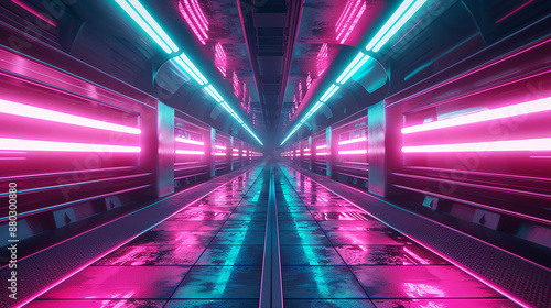 A futuristic scene with neon lights in pink and blue, creating a tunnel effect, capturing the essence of cyberpunk aesthetics