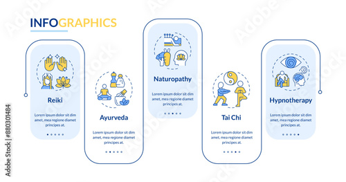 Alternative medicine rectangle infographic vector. Reiki energy, ayurveda treatment. Data visualization with 5 steps. Editable rectangular options chart. Lato-Bold, Regular fonts used