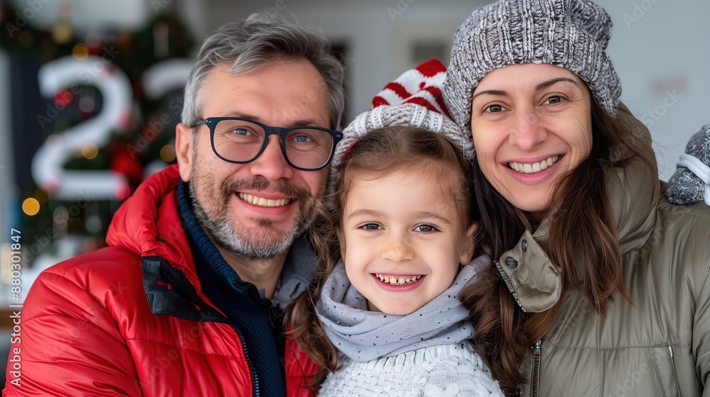 Smiling Family in Winter Attire Posing Indoors with Festive Decorations in the Background Smiling Family in Winter Attire Posing Indoors with Festive Decorations in the Background