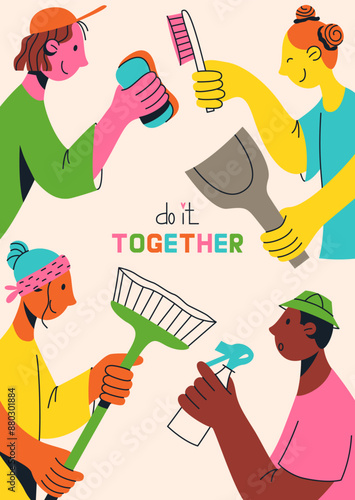 Multicultural team flat vector illustration. Unity in diversity. People of different nationalities and religion cleaning together. Multinational society. Teamwork, cooperation, friendship concept.
