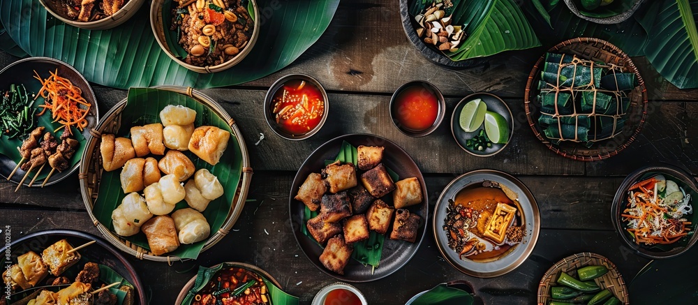 On the table, there is a soft-focus flat lay arrangement of traditional food and drinks like telang tea and cireng, creating a composition suitable for a copy space image. On the table, there is a soft-focus flat lay arrangement of traditional food and drinks like telang tea and cireng, creating a composition suitable for a copy space image.