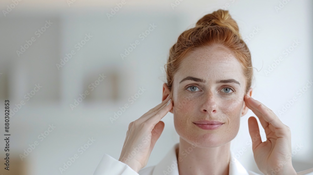 Profile shot of a professional woman massaging her temples, soft-focus office backdrop, highlighting the need for screen breaks. Profile shot of a professional woman massaging her temples, soft-focus office backdrop, highlighting the need for screen breaks.