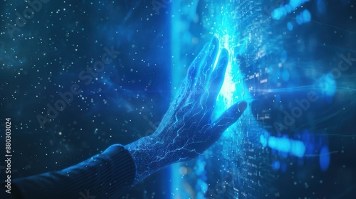 Digital Technology Concept with Human Hand and Virtual Screen on a blurry dark background